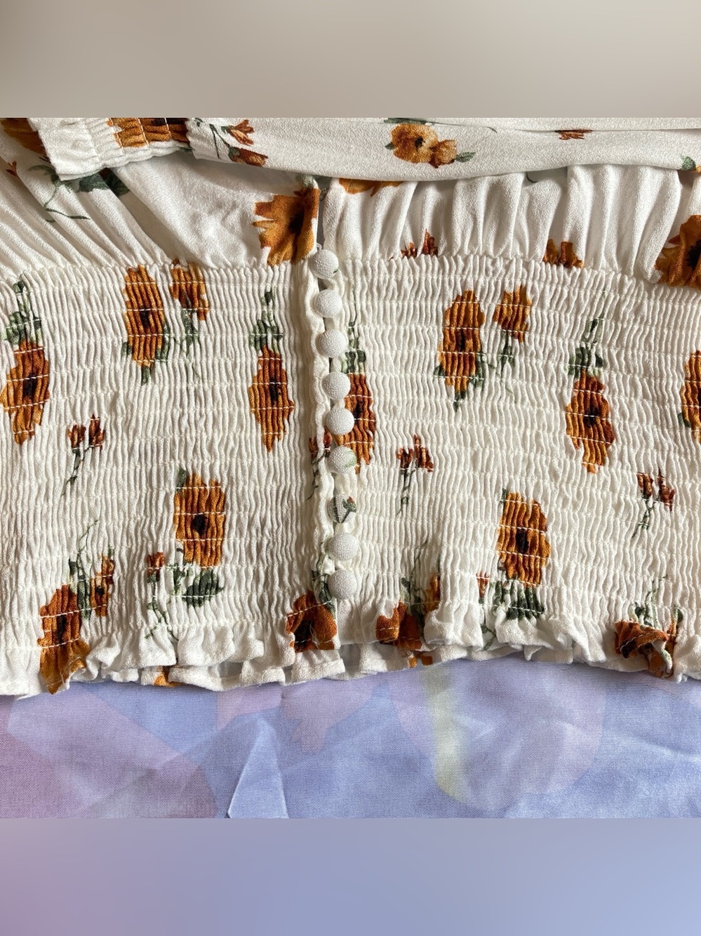 Forever 21 White Floral Smocked Peplum Blouse with Yellow Flowers & Full Sleeves - Picture 6 of 11